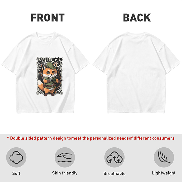 Olive green t-shirt with cute fox archer 'WANTED' graphic