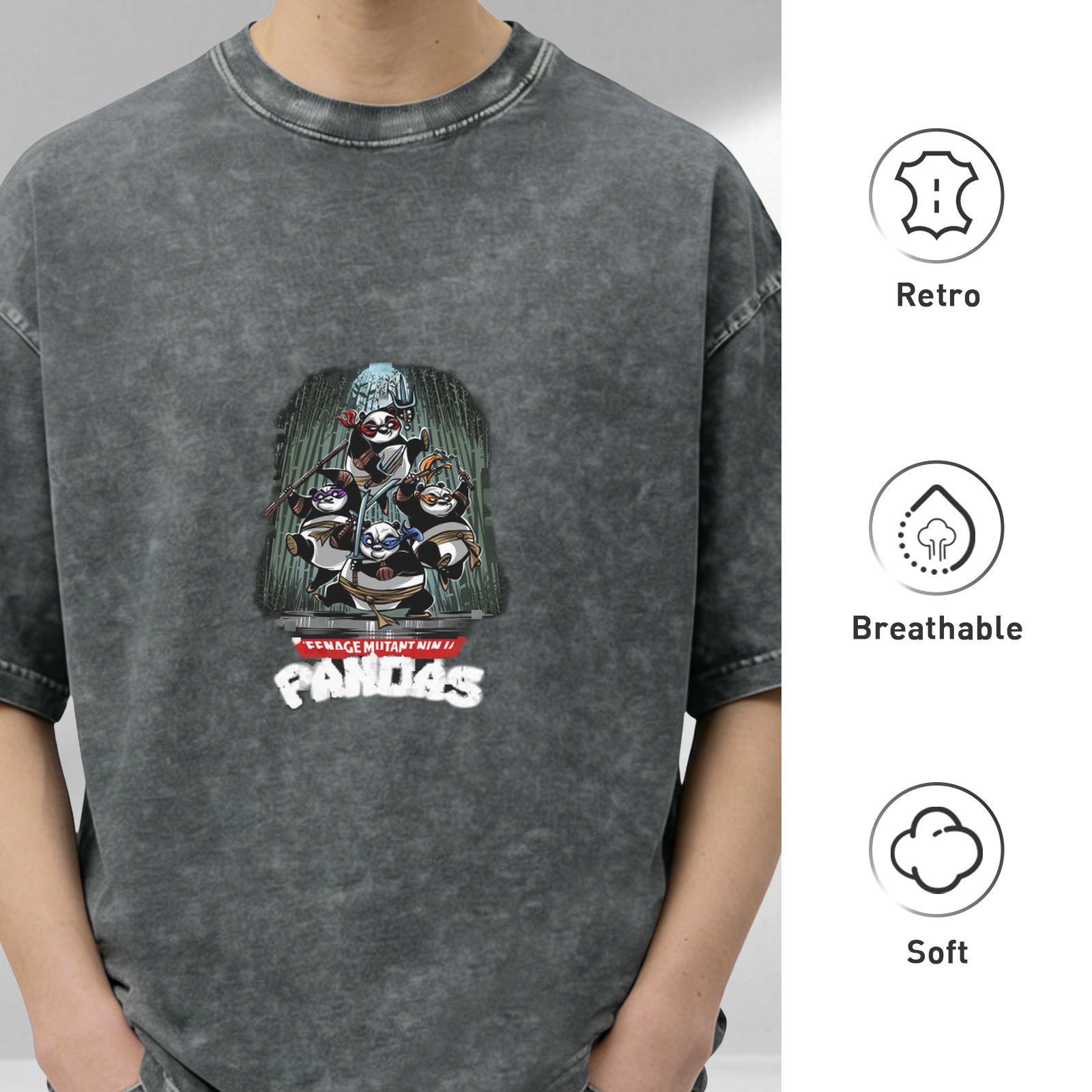 Oversized Washed Black T-Shirt with Teenage Mutant Ninja Pandas Graphic Print