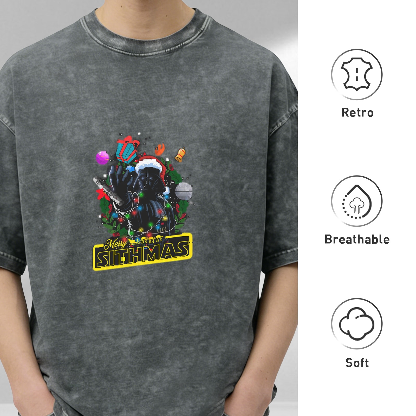 Merry Sithmas Darth Vader Christmas Graphic Acid Wash T-Shirt
