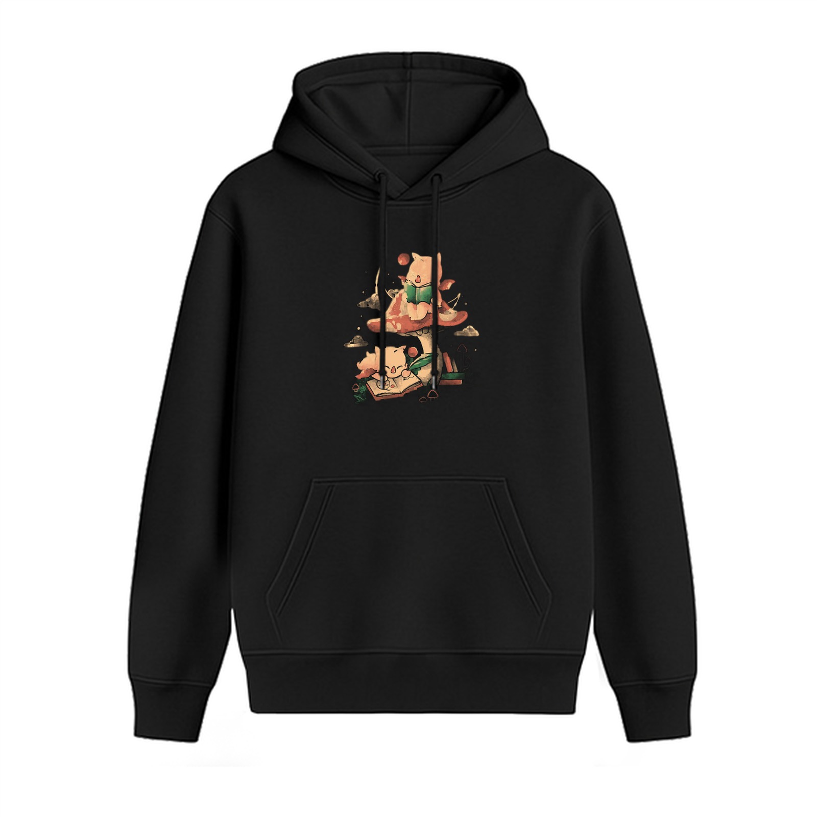 Black hoodie with whimsical mushroom and cat reading illustration