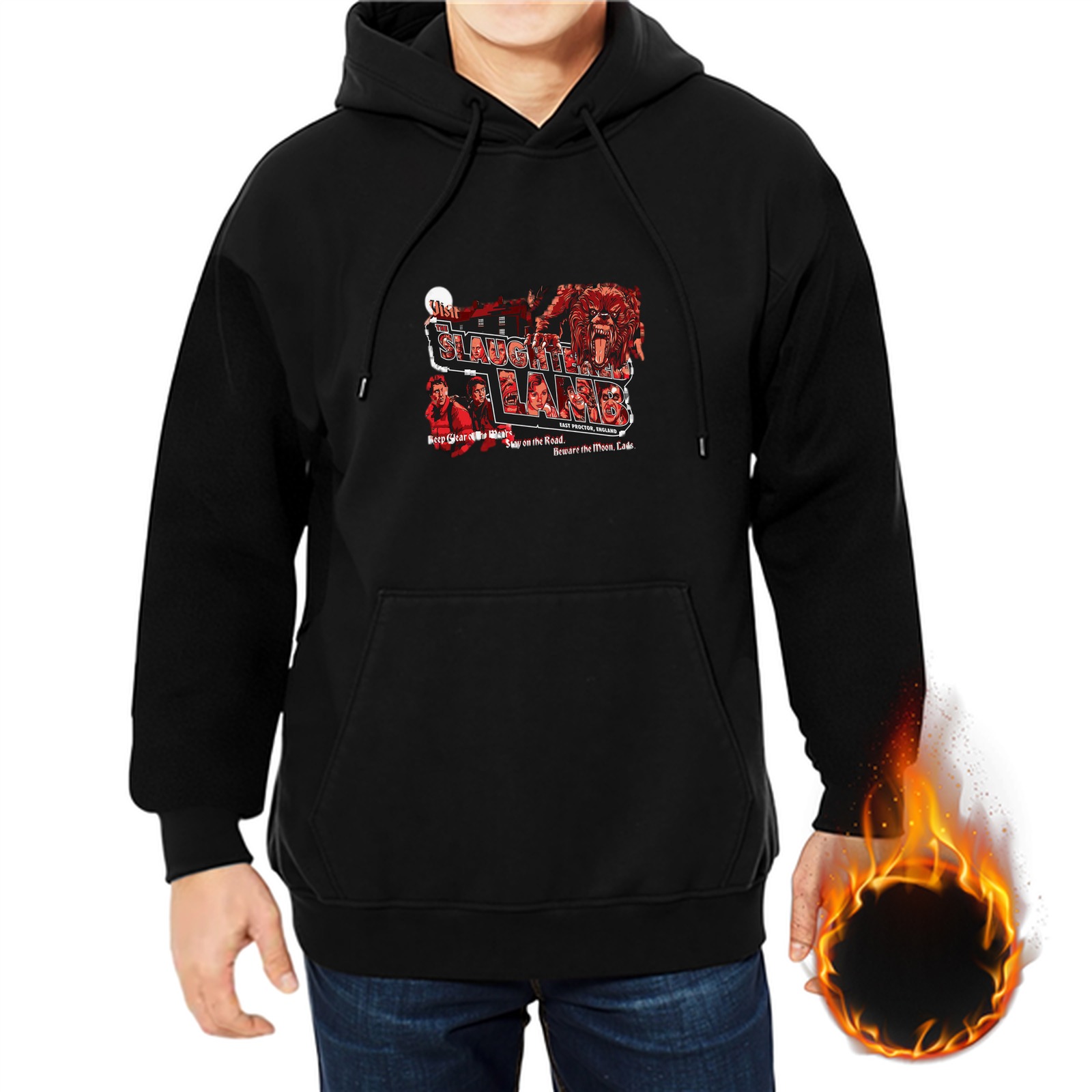 Black hoodie with horror themed graphic print