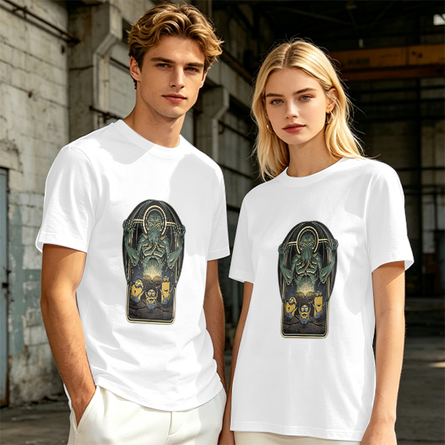 Olive Green T-Shirt with Cthulhu and Minions Graphic Print