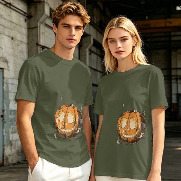 Olive Green T-Shirt With Spooky Halloween Pumpkin Ghost Print