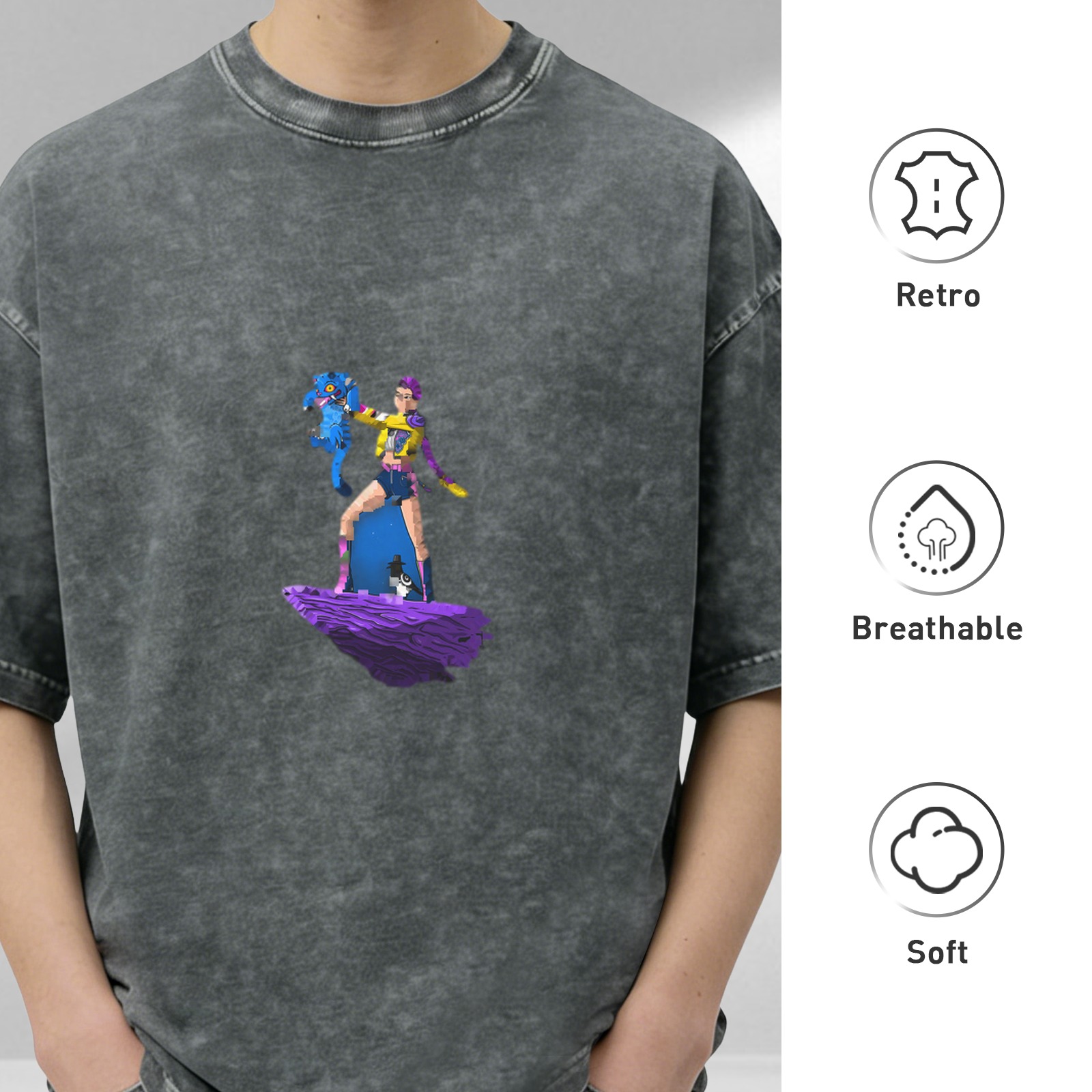Washed black graphic t-shirt with floating character and creature print