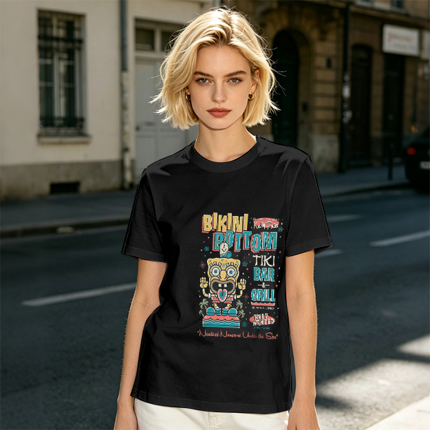 Olive T-Shirt with Bikini Bottom Tiki Bar Spongebob Graphic
