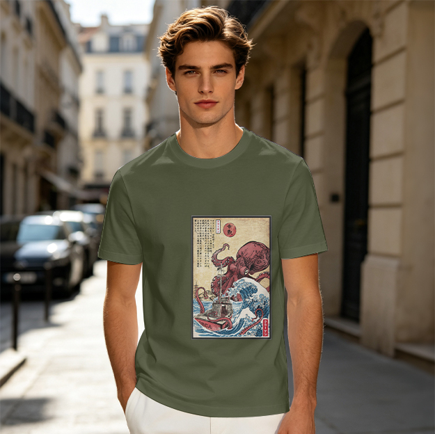 Olive T-shirt with Japanese octopus and wave woodblock print