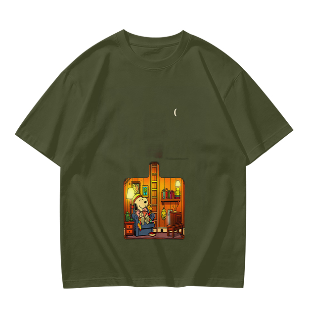 Olive T-Shirt With Cozy Dog In Room Graphic Print