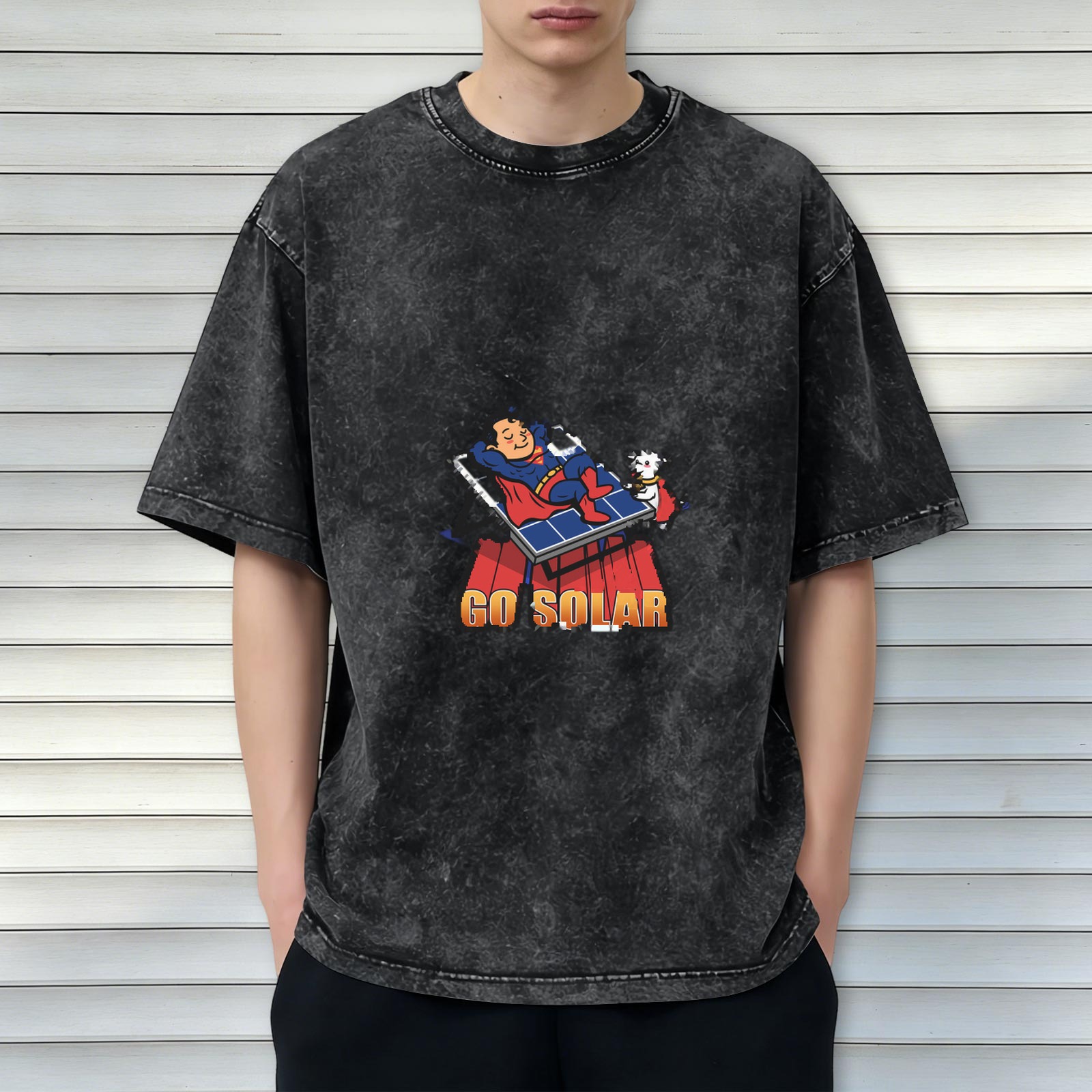 Oversized dark wash t-shirt with Superman and dog on solar panel graphic