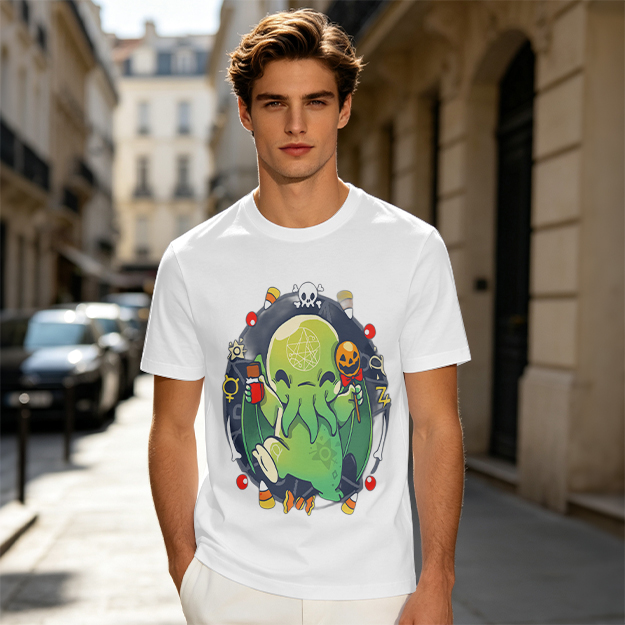 Olive T-Shirt With Cute Halloween Cthulhu Graphic Print