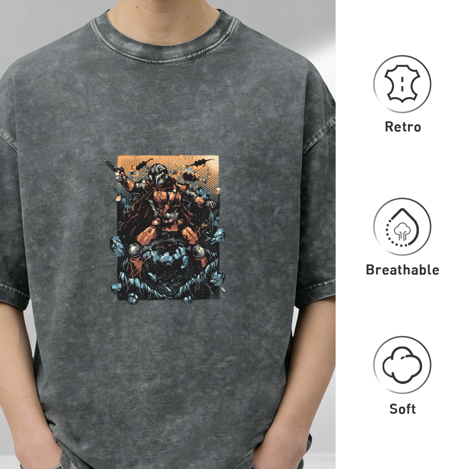 Washed Black T-Shirt With Warrior In Armor Graphic Print
