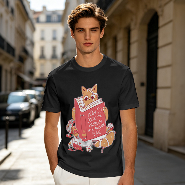 Olive T-Shirt With Ginger Cat Reading Self-Help Book Print