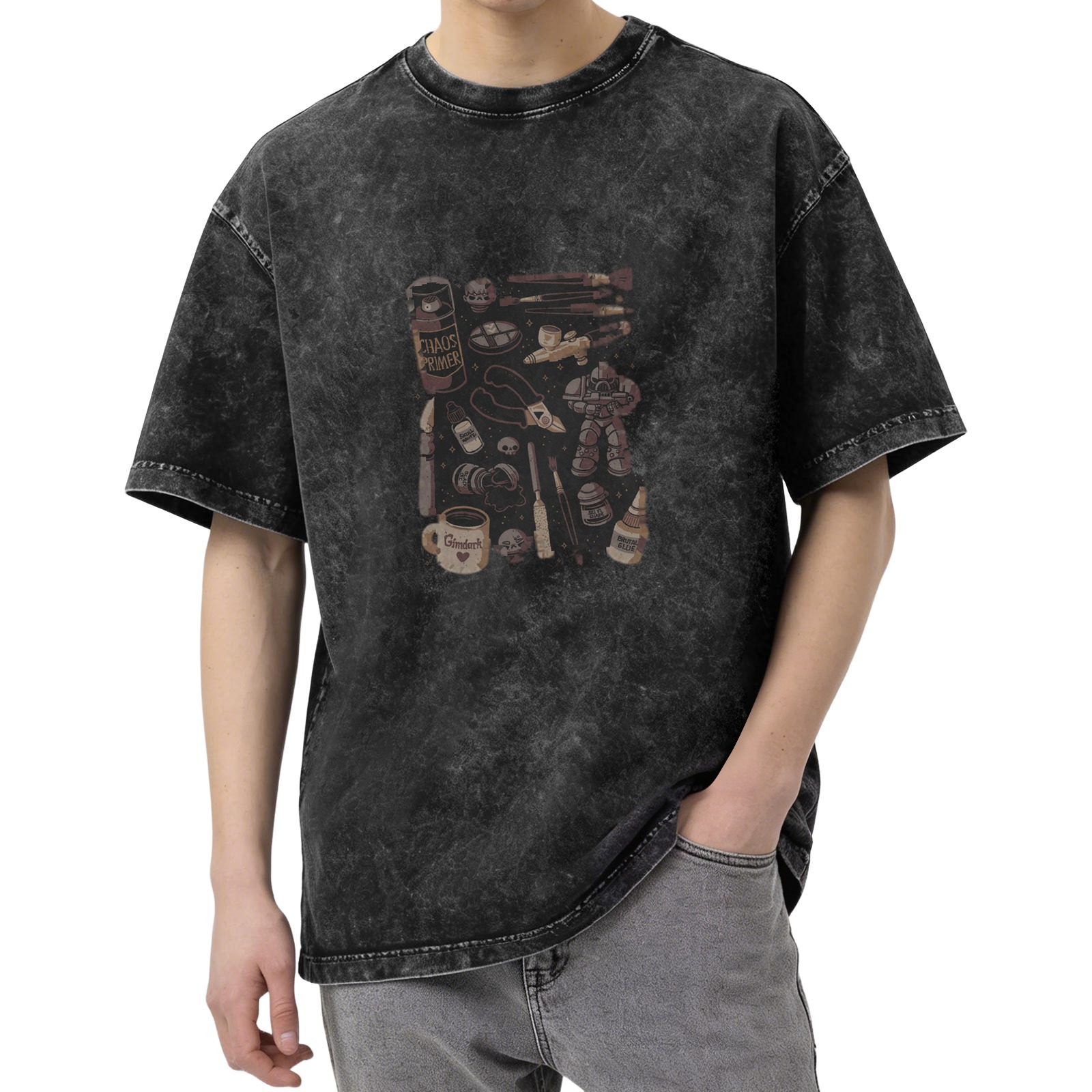 Oversized Acid Wash T-Shirt With Miniature Hobbyist Graphic Print