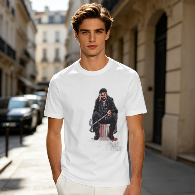 Olive T-shirt with seated bearded man holding crowbar graphic