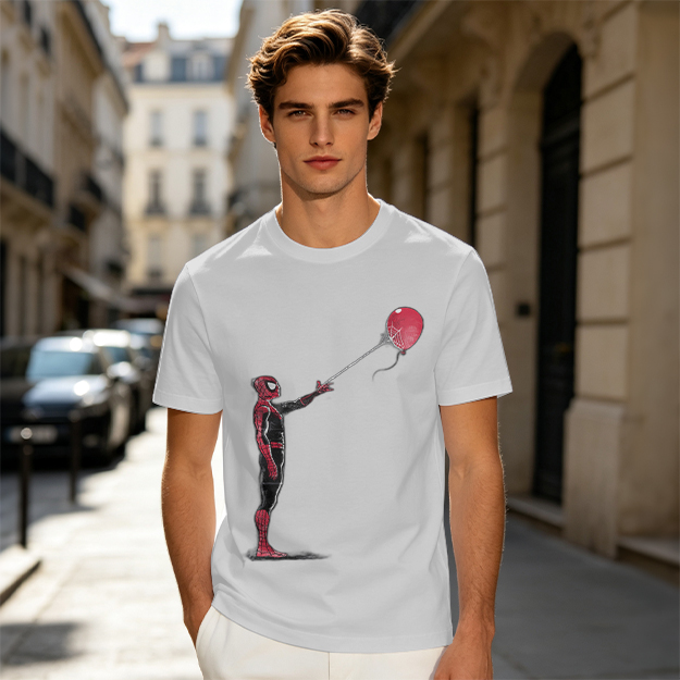 Olive T-shirt with Spider-Man Holding Red Balloon Graphic