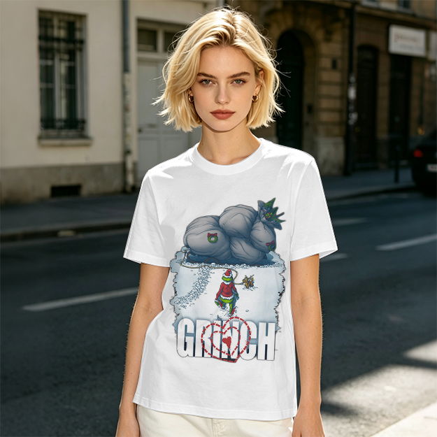 Grinch Stealing Christmas Gifts Snow Scene Graphic T-Shirt