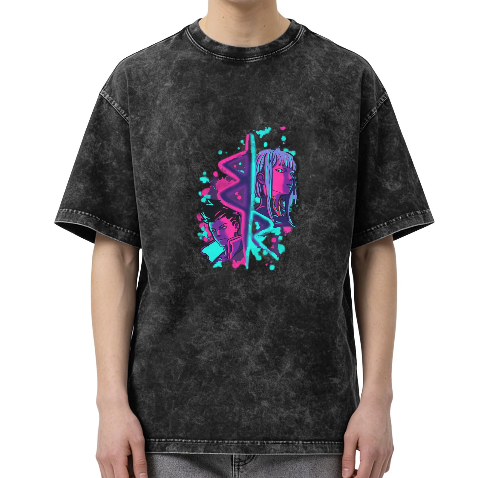 Cyberpunk Anime Character Graphic Acid Wash Black T-Shirt