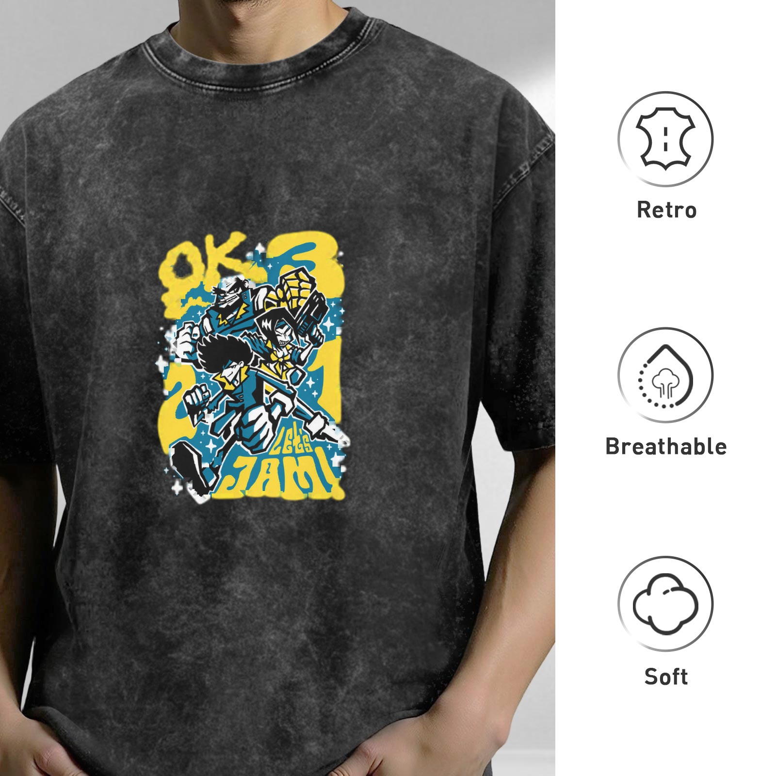 Distressed washed black loose short-sleeved T-shirt with cartoon animation style pattern and the words 