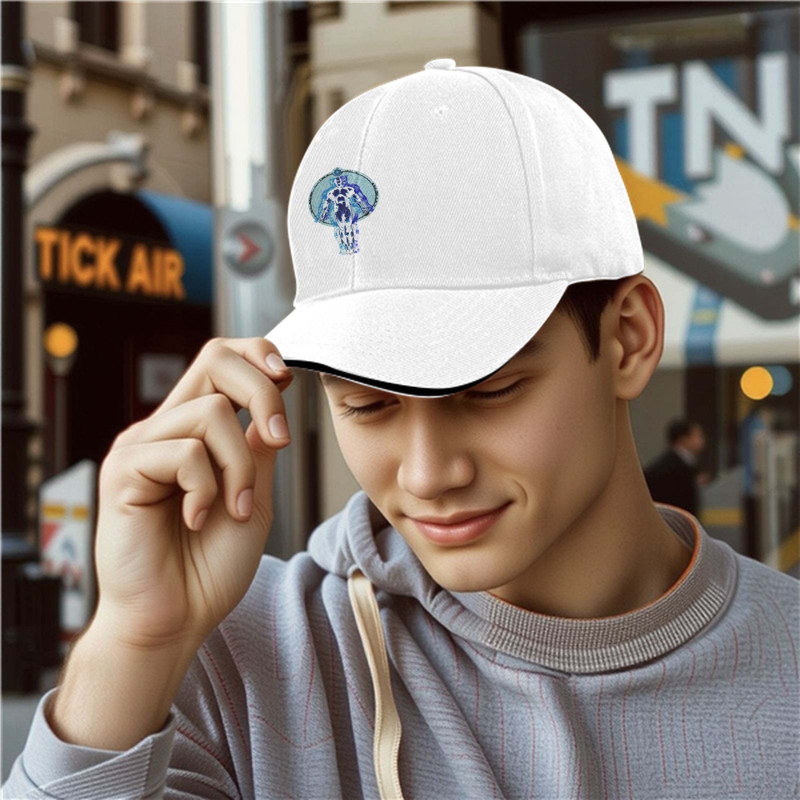 Black baseball cap with blue humanoid figure graphic