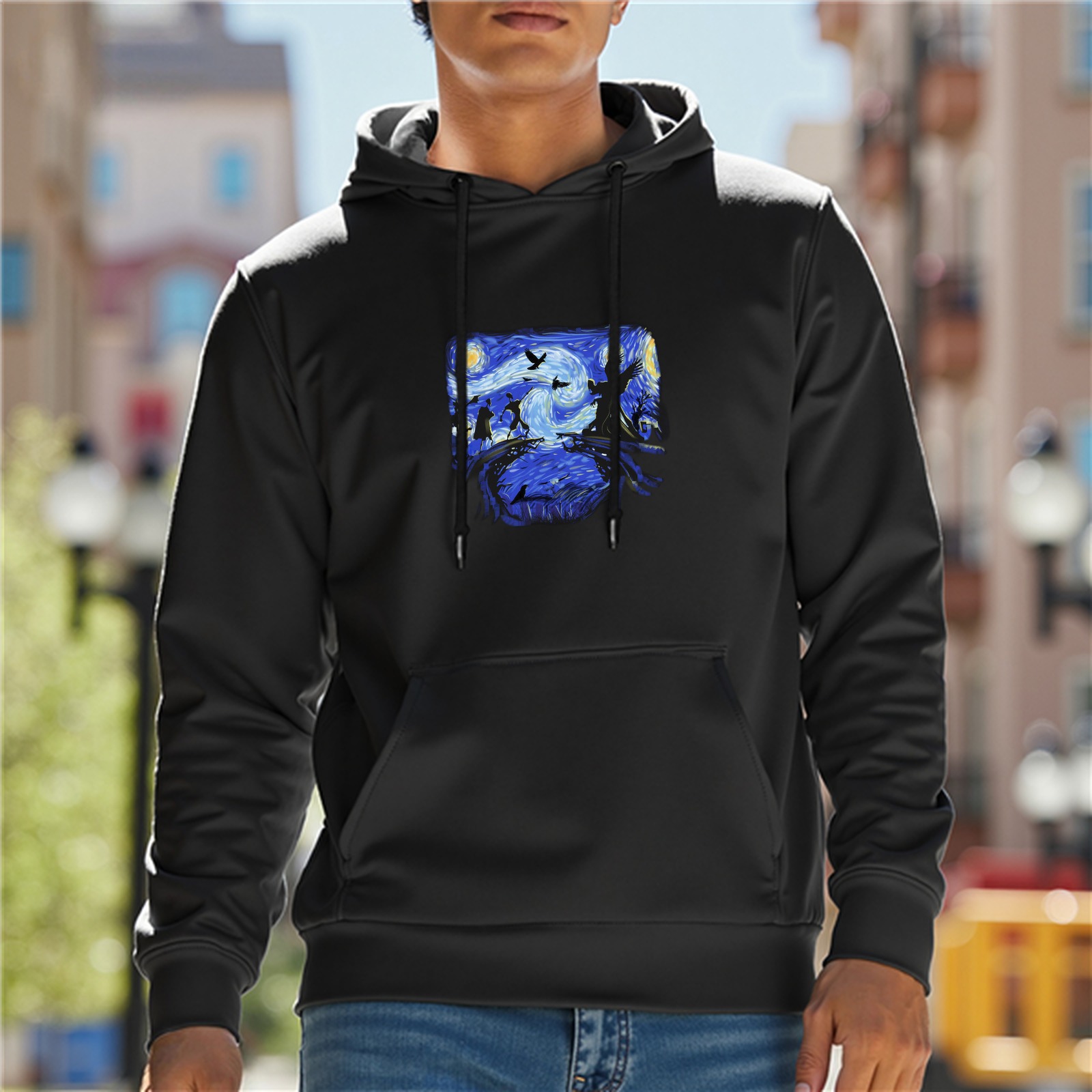 Black Hoodie With Starry Night Inspired Art Print