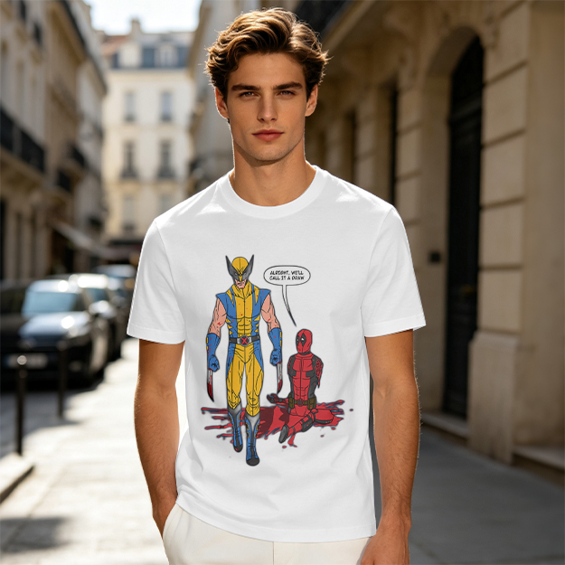 Olive T-Shirt Featuring Wolverine and Deadpool Comic Art