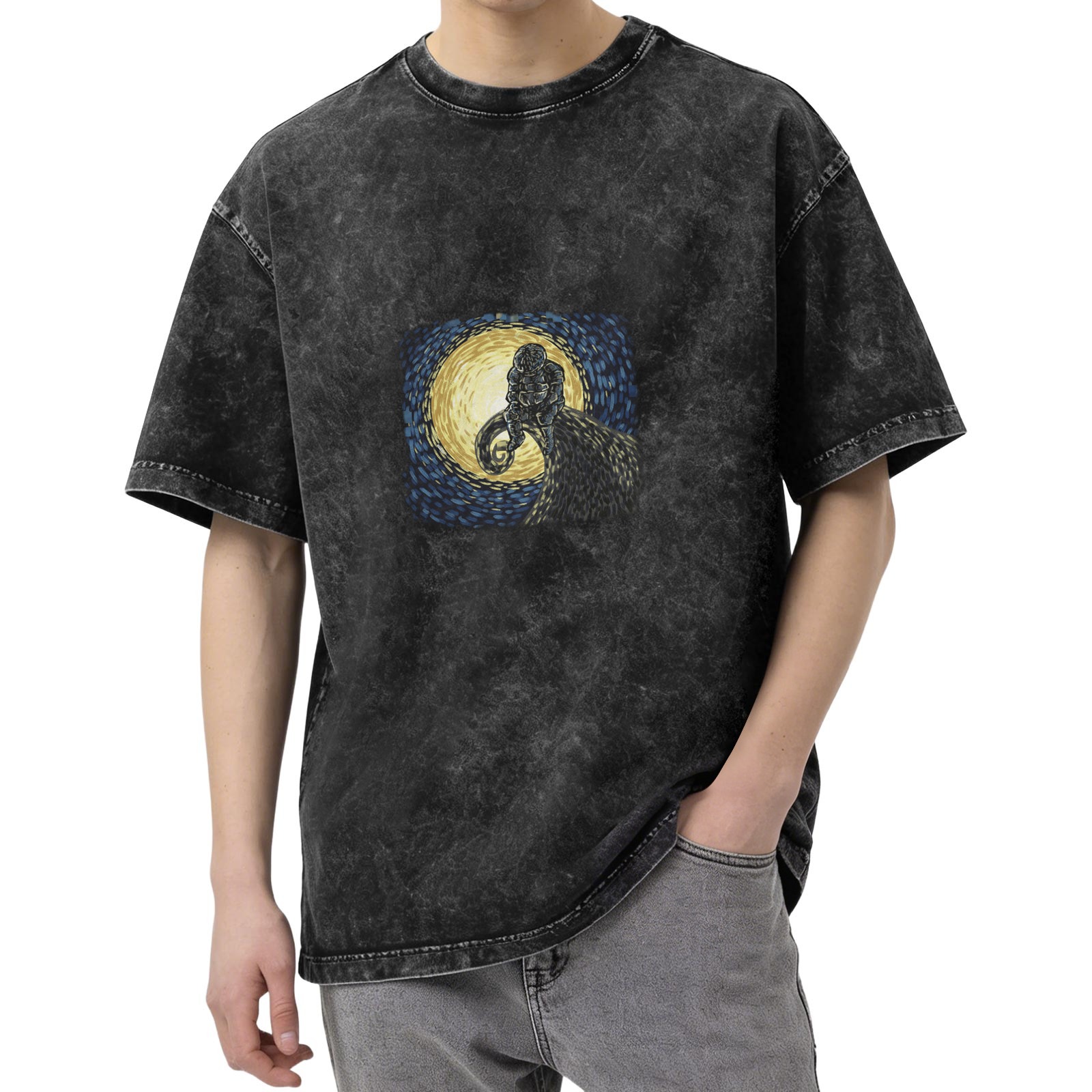Washed Black Oversized T-Shirt with Ram and Starry Night Style Graphic