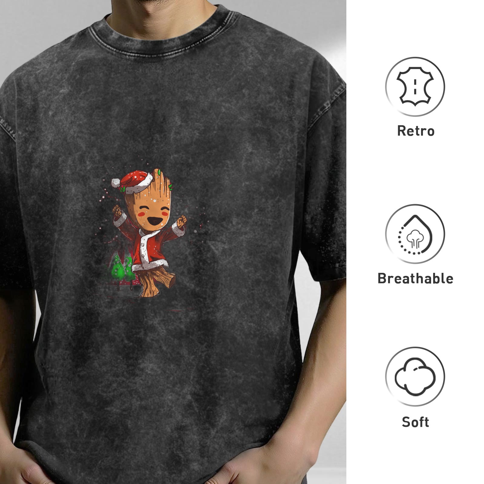 Washed Black T-Shirt with Dancing Christmas Baby Groot Graphic