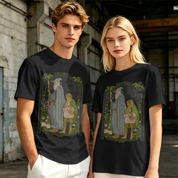 Olive T-Shirt with Wizard and Hobbit Fantasy Art Print