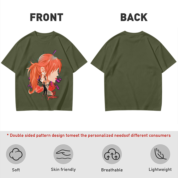 Olive T-Shirt with Anime Red-Haired Girl Profile Art Print