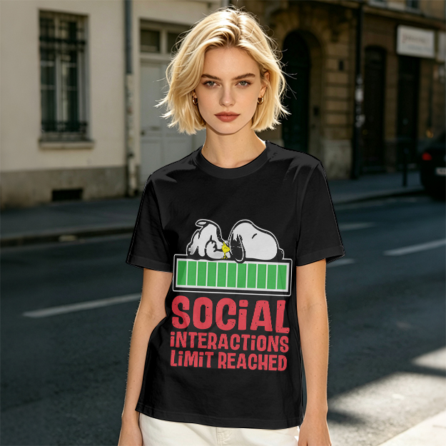 Olive t-shirt with Snoopy 'Social Interactions Limit Reached' print