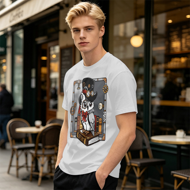 Owl in Steampunk Attire on Book Graphic Tee