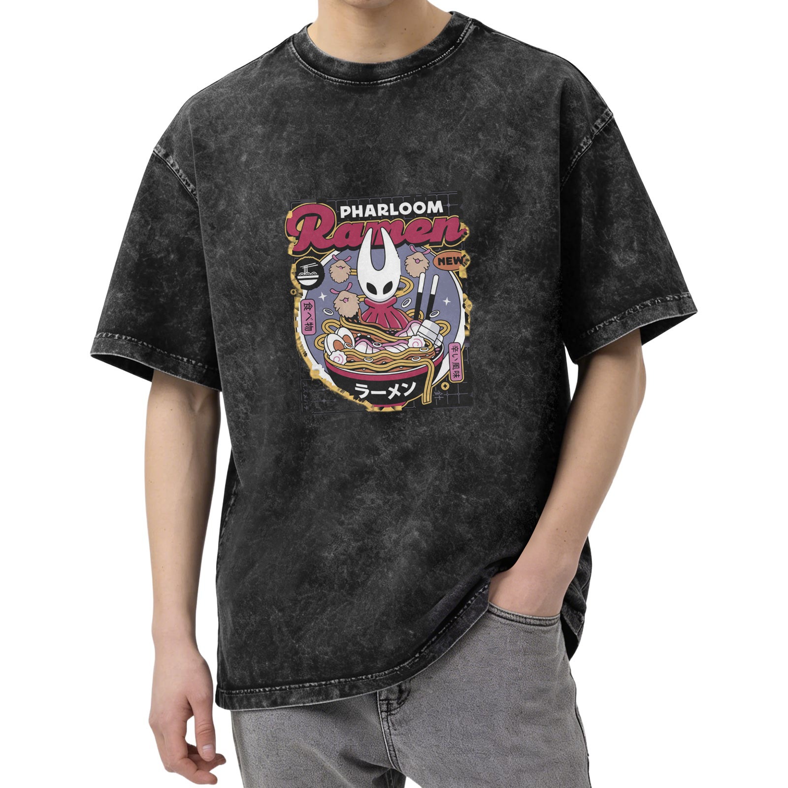 Oversized Acid Wash T-Shirt With Pharloom Ramen Graphic