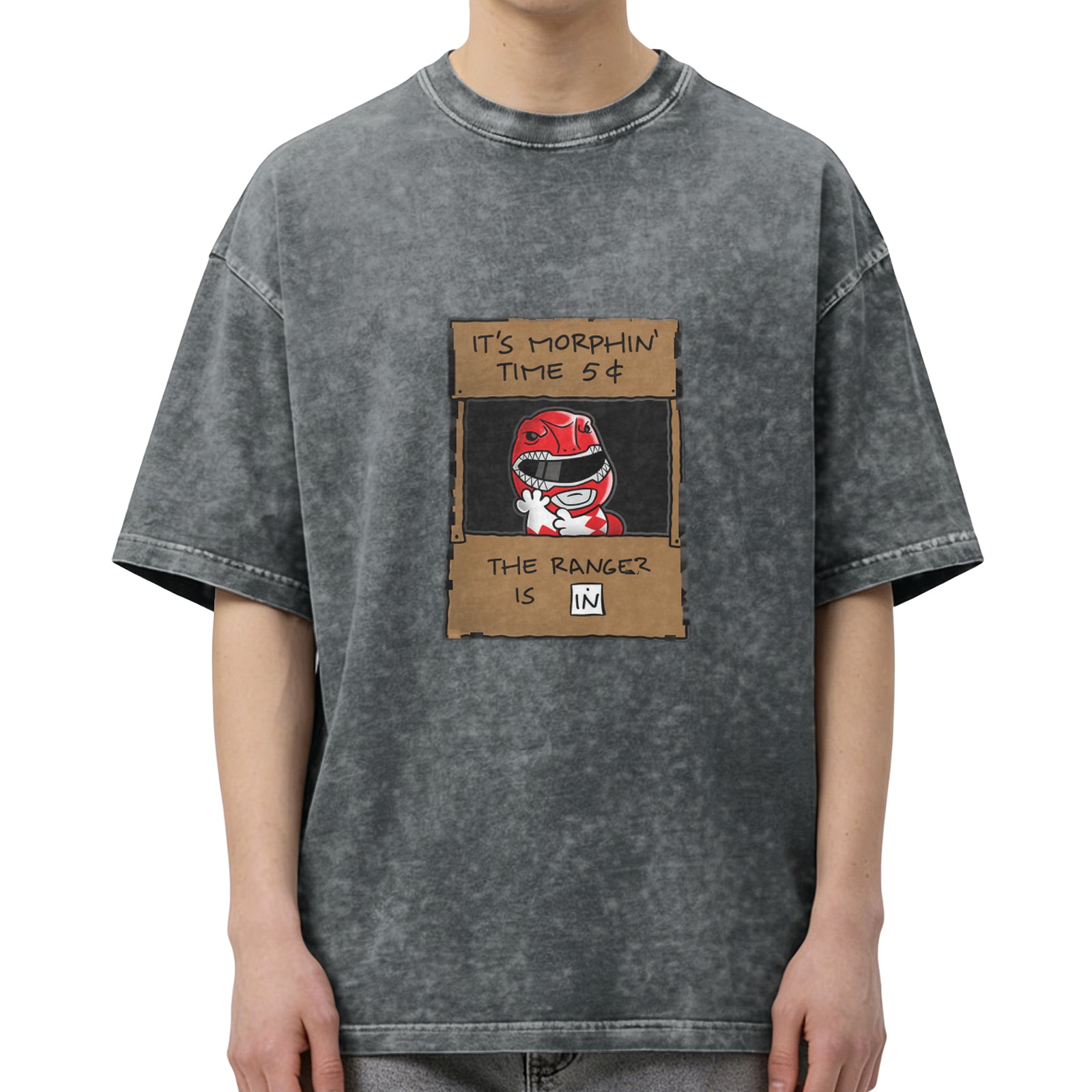Oversized acid wash t-shirt with Power Rangers 'It's Morphin Time' graphic