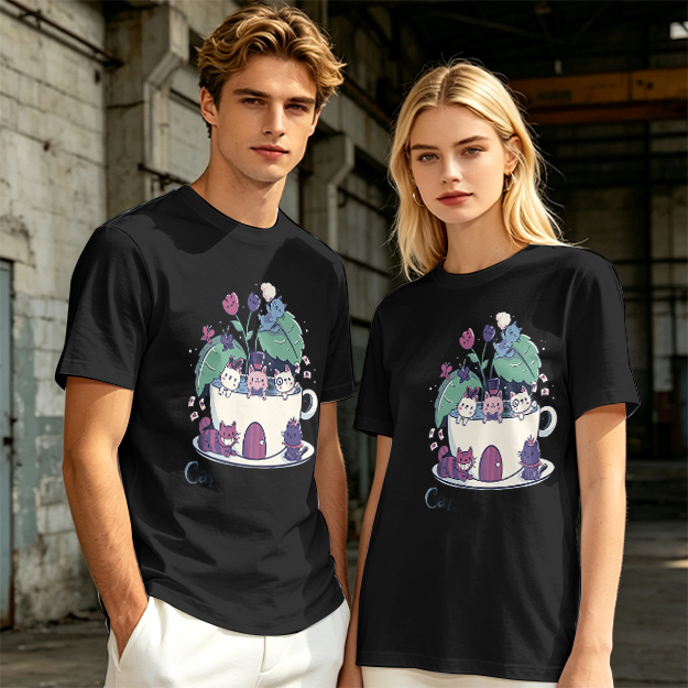 Olive T-Shirt With Whimsical Teacup Kitten Garden Print