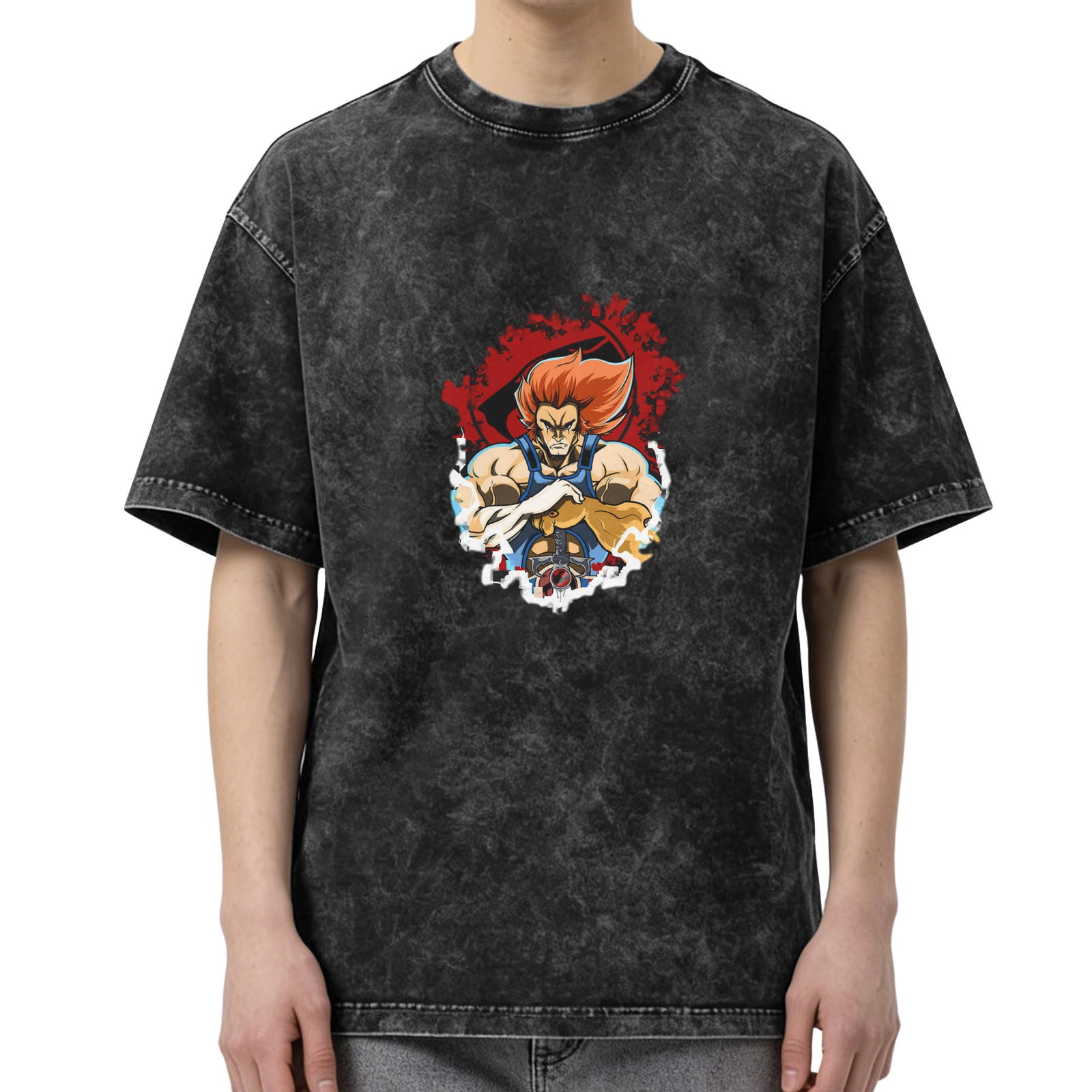 Vintage Washed T-Shirt with Retro Anime Lion Character Graphic