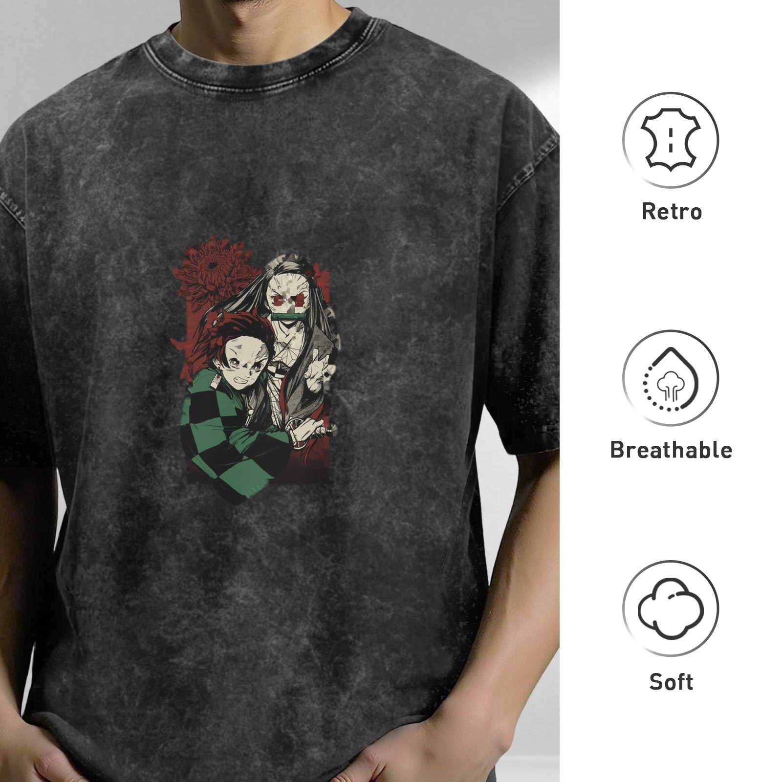 Demon Slayer themed distressed washed black loose short-sleeved T-shirt