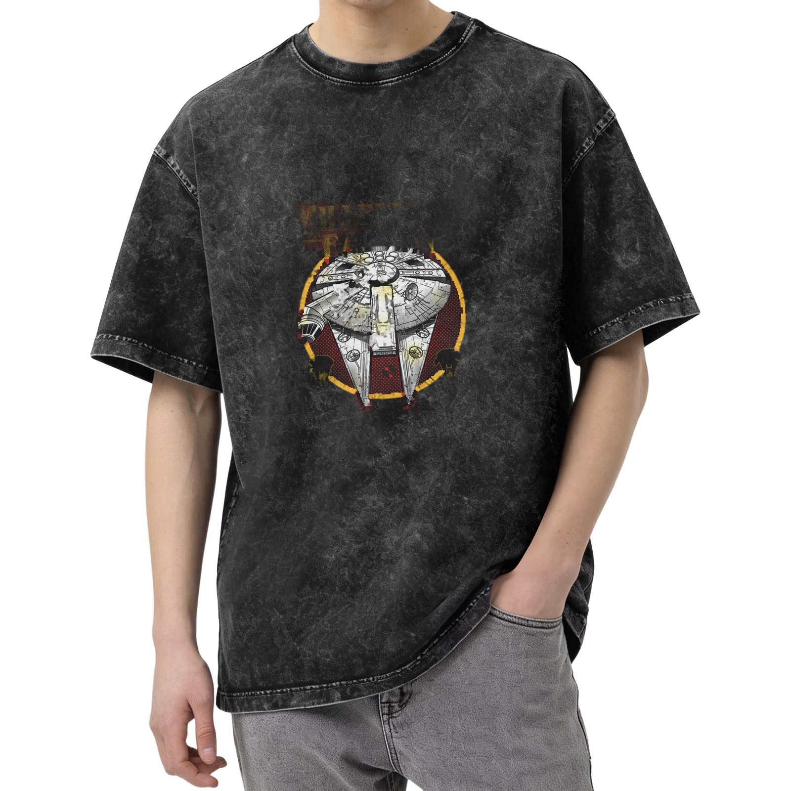 Washed Black T-Shirt With Millennium Falcon Graphic Print