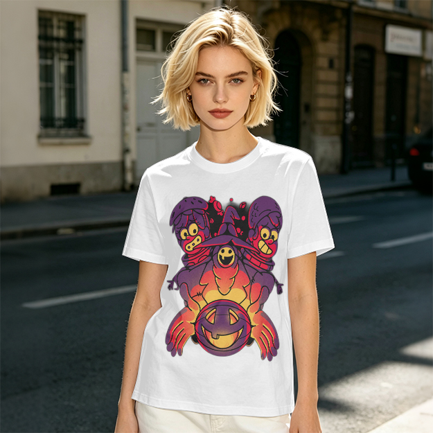 Olive T-Shirt With Halloween Three-Headed Witch And Jack-O'-Lantern Print