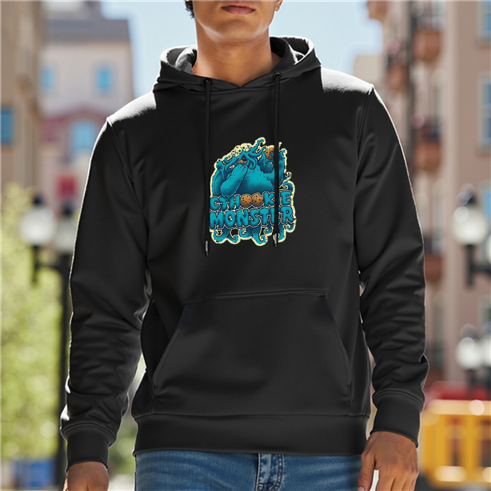 Black hoodie with Cookie Monster graphic print