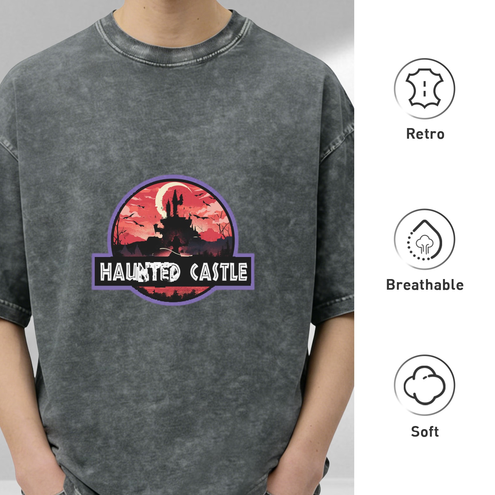 Washed Black T-Shirt with Haunted Castle Halloween Graphic