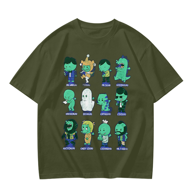 Olive Green T-Shirt With Cute Green Alien Character Print
