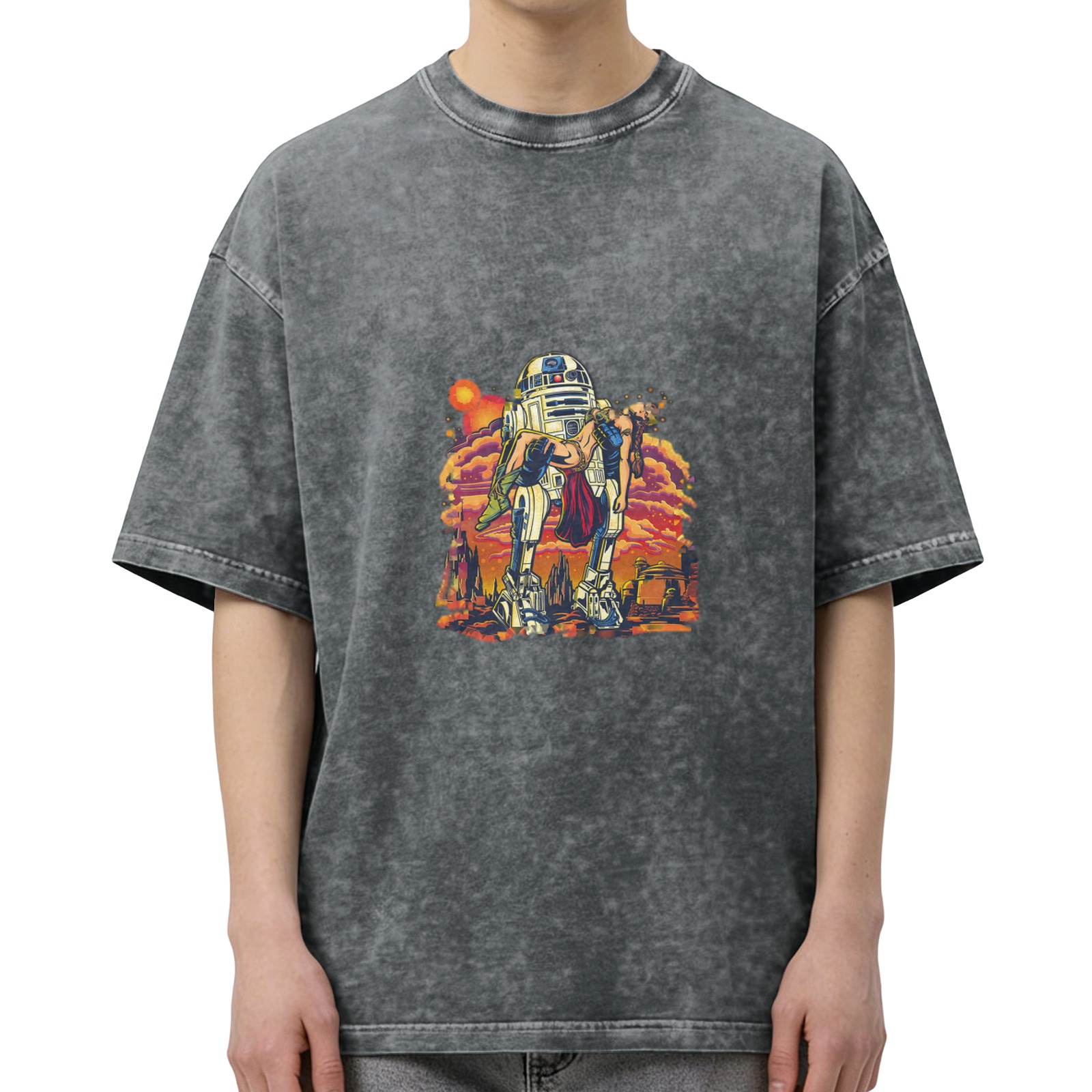 Distressed washed black Star Wars themed printed short-sleeved T-shirt
