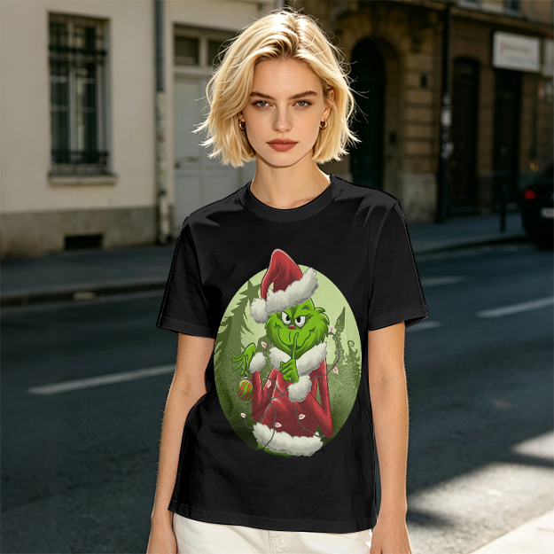 Olive Green T-Shirt Featuring The Grinch In Santa Costume