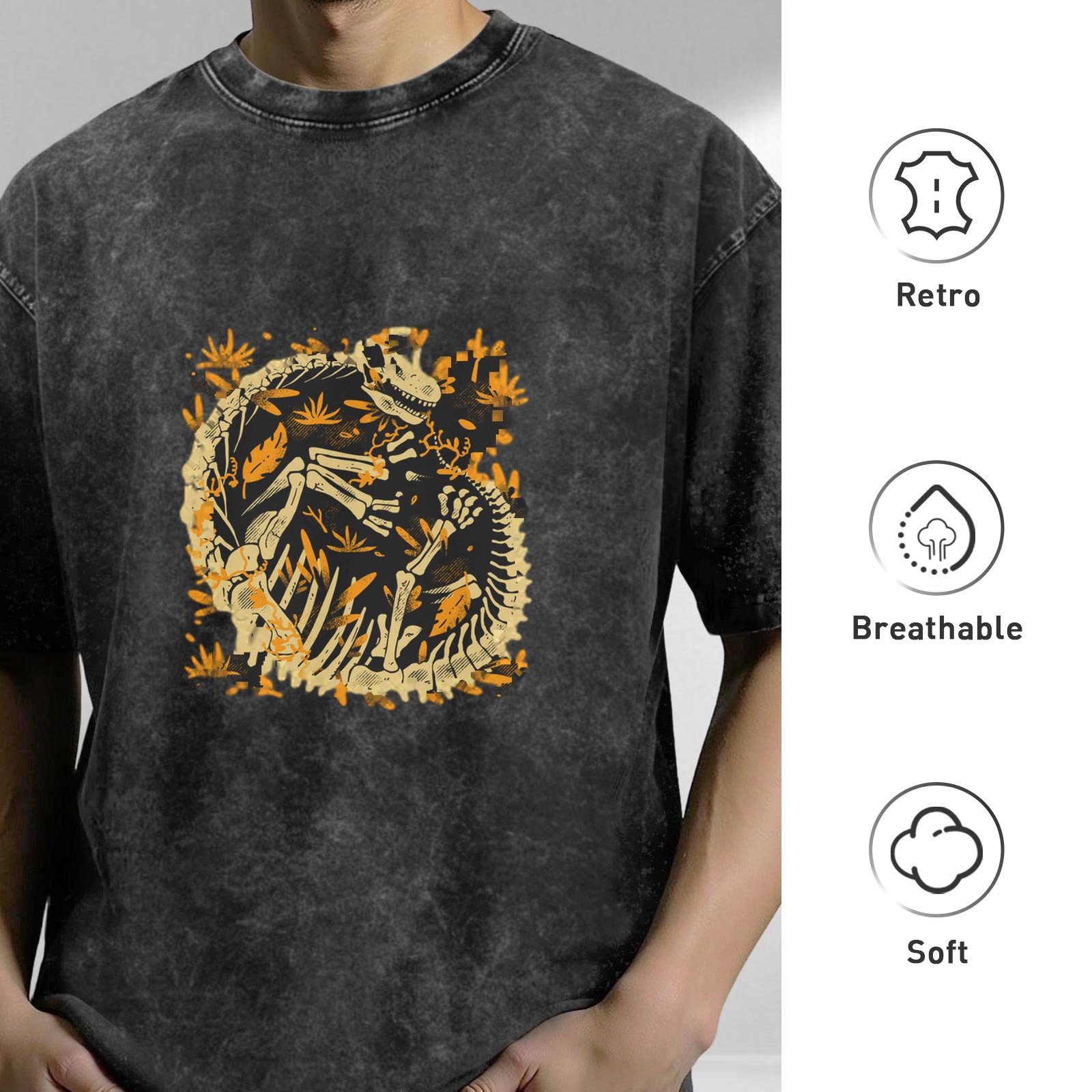 Oversized Acid Wash T-Shirt with Dinosaur Skeleton Fossil Print