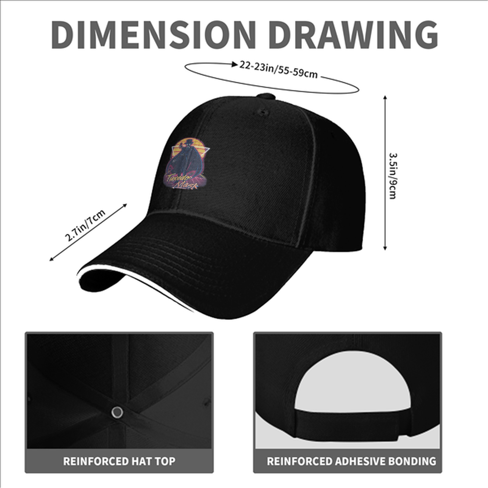 Black baseball cap with retro Tuxedo Mask graphic print