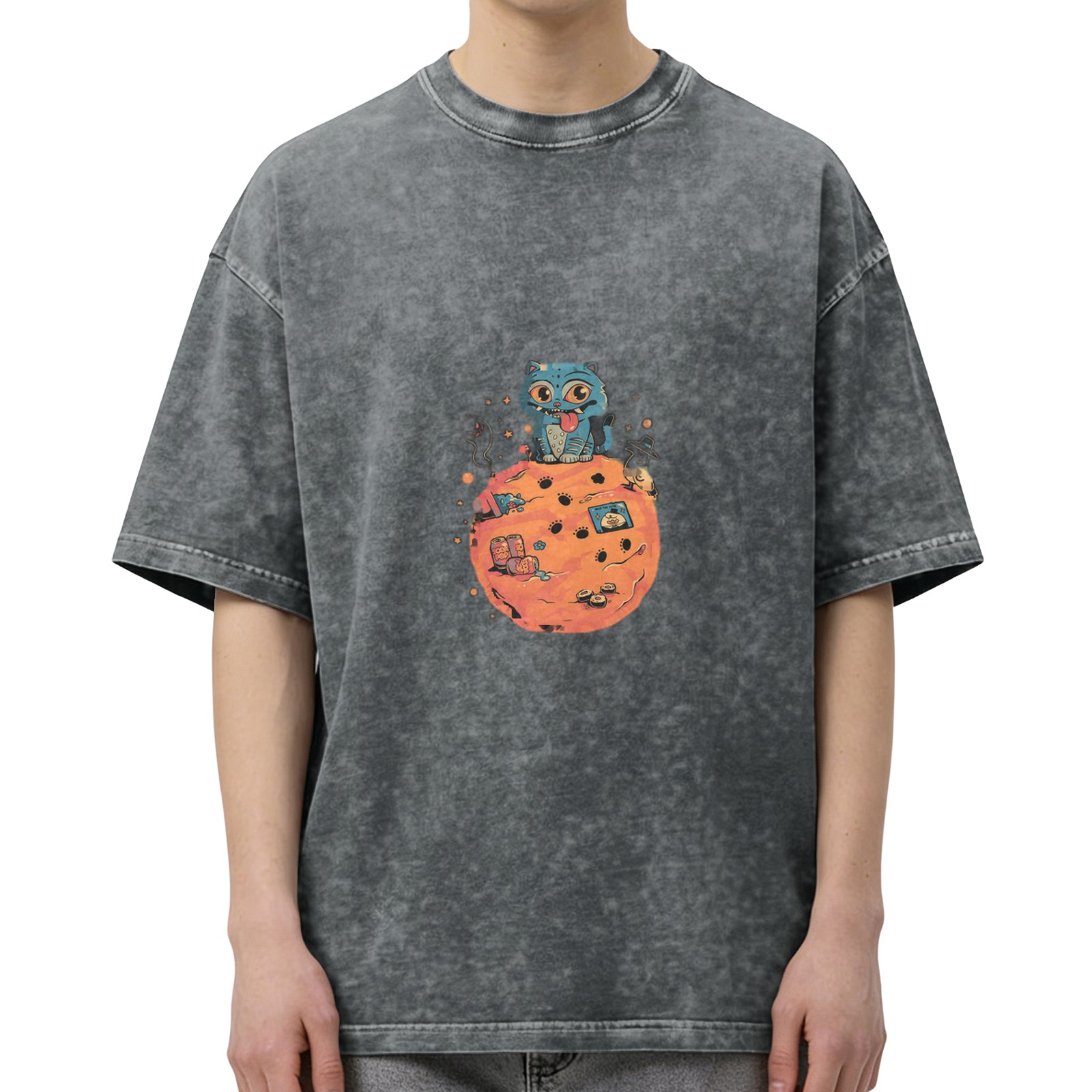 oversized black acid wash t-shirt with blue cat on orange planet graphic