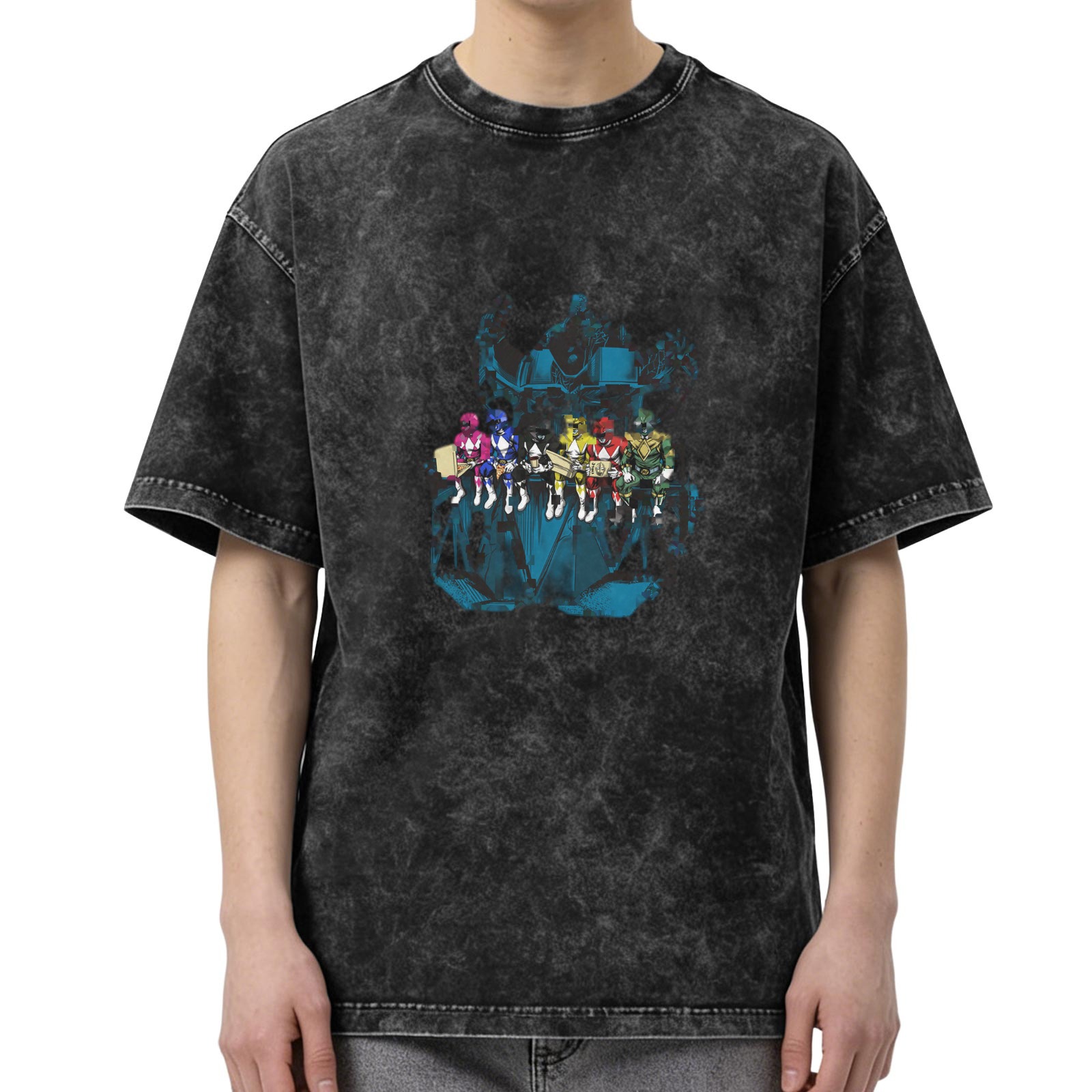 Washed Black Oversized T-Shirt with Power Rangers Graphic