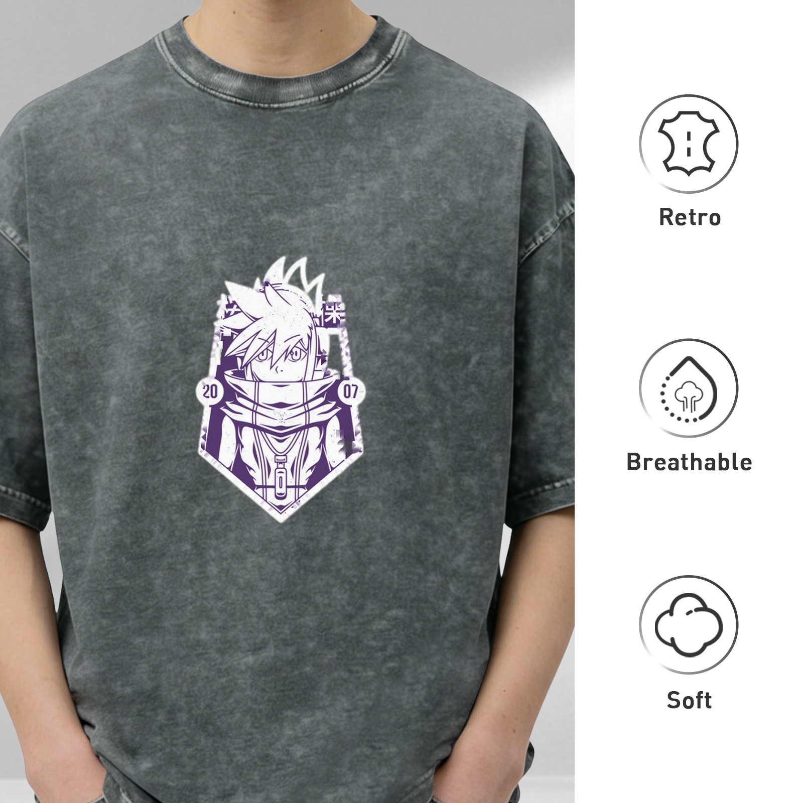 Oversized Acid Wash T-Shirt with Anime Character Graphic