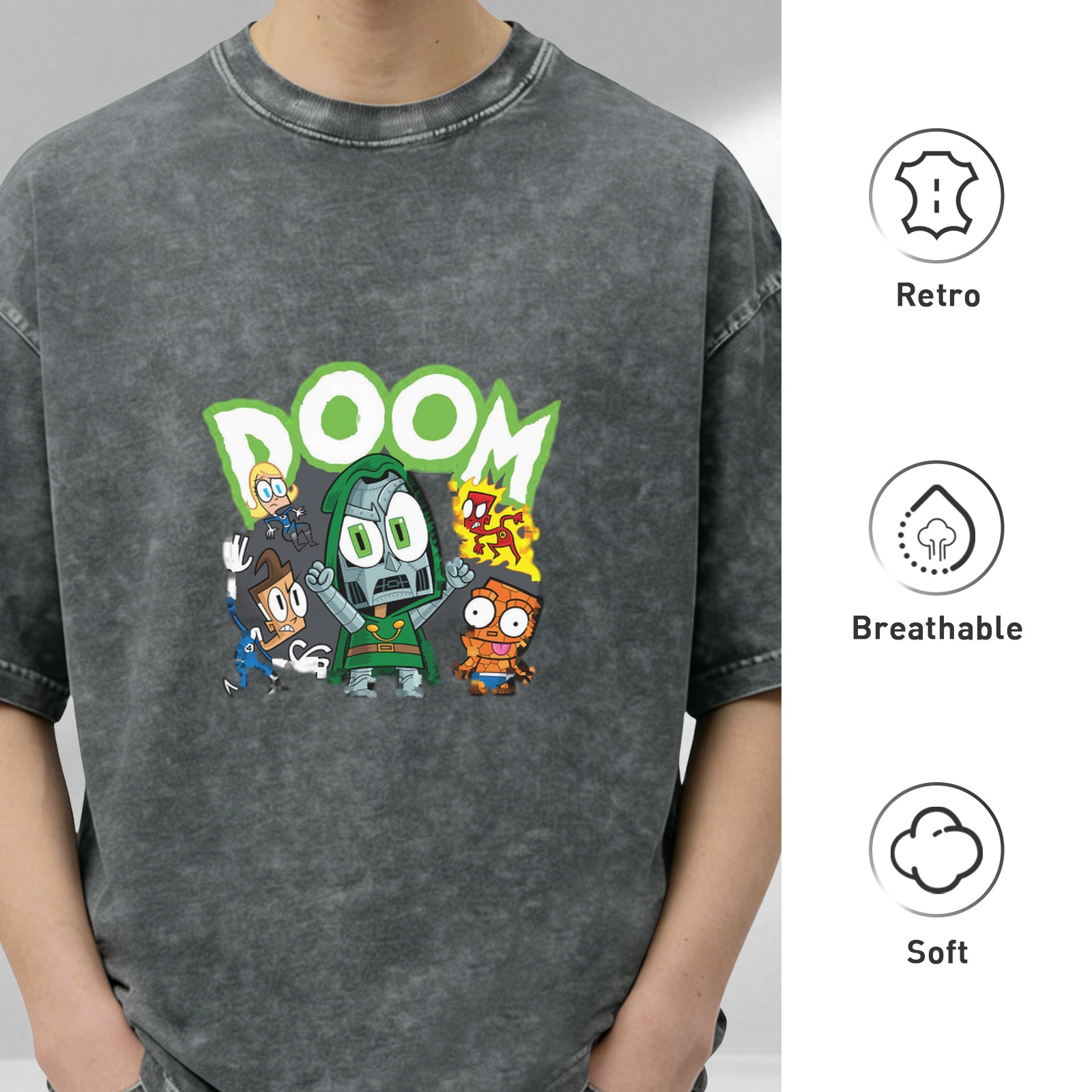 Washed Black T-Shirt With Chibi Doom And Fantastic Four Artwork