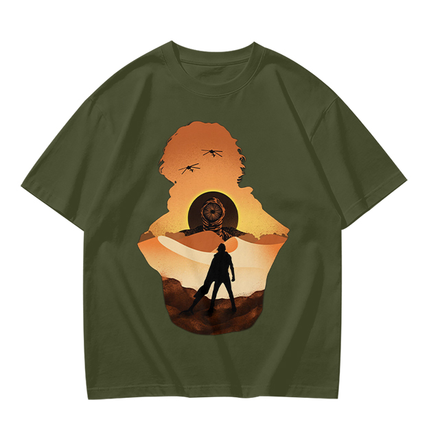 Olive Green T-Shirt With Desert Sunset Silhouette Graphic