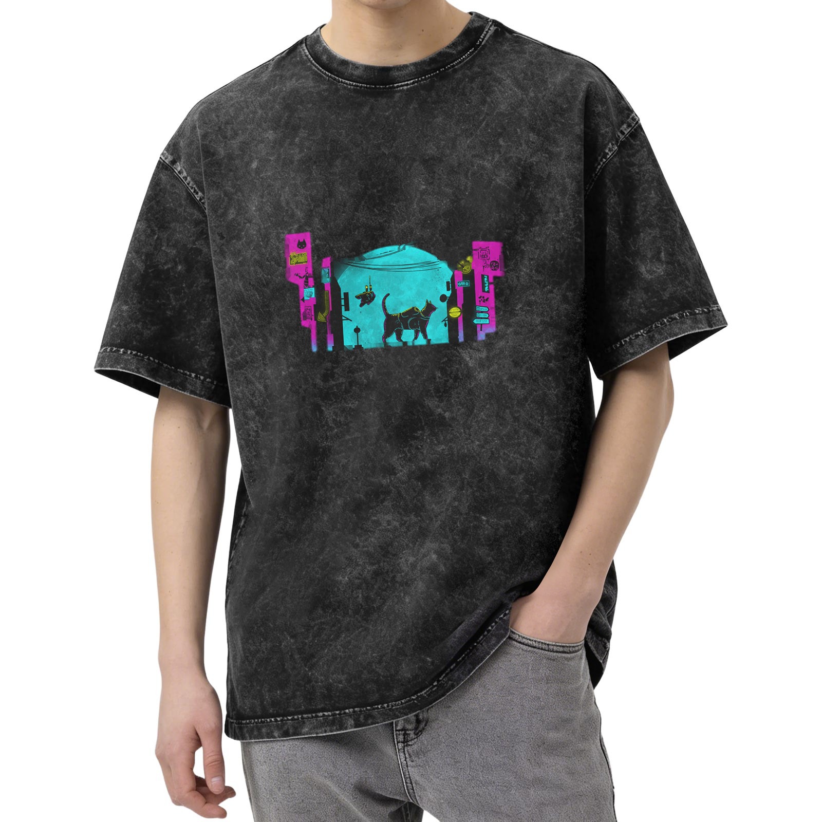 Oversized Acid Wash Graphic T-Shirt with Cyberpunk Cat Alley Print